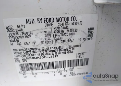 2013 Lincoln Mkx из США, поврежденный, VIN 2LMDJ8JK5DBL27513